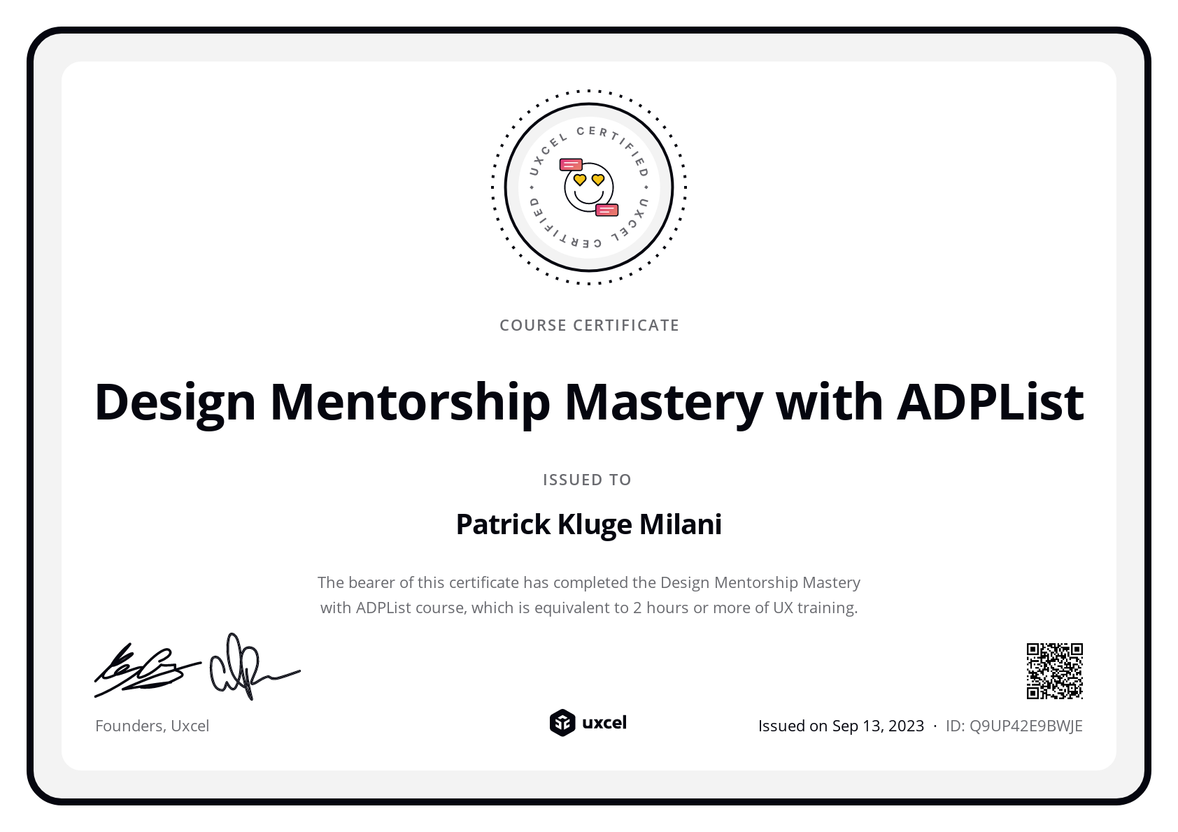 Patrick Kluge Milani's certificate